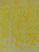 Paisley Lines Sequin Fabric - Iridescent Yellow - 4 Way Stretch Fancy Fabric By The Yard