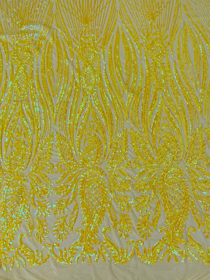 Paisley Lines Sequin Fabric - Iridescent Yellow - 4 Way Stretch Fancy Fabric By The Yard