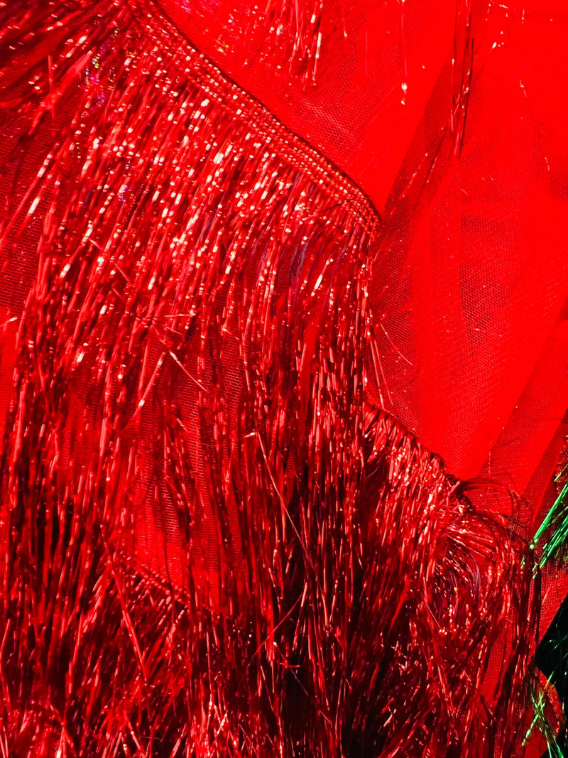 Metallic Fringe Eyelash Design - Red - Embroidered Fancy Fringe 2 Way Stretch By Yard
