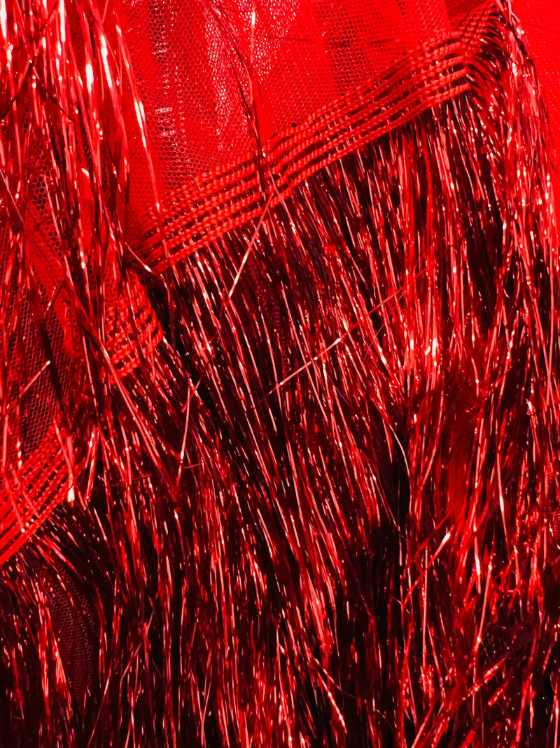 Metallic Fringe Eyelash Design - Red - Embroidered Fancy Fringe 2 Way Stretch By Yard