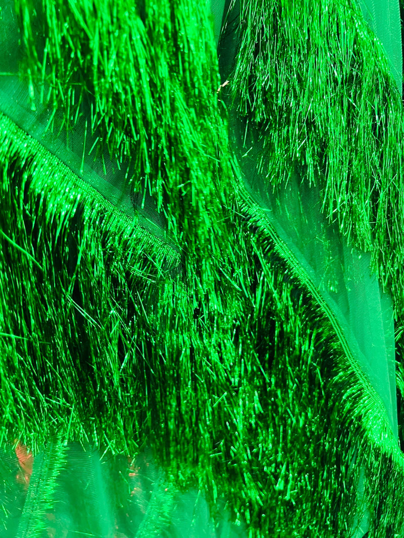 Metallic Fringe Eyelash Design - Emerald Green - Embroidered Fancy Fringe 2 Way Stretch By Yard