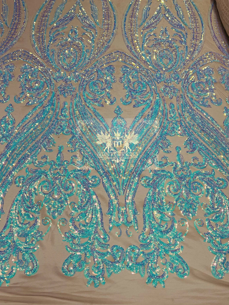 Damask Sequins - Aqua/Blue on Blush Mesh