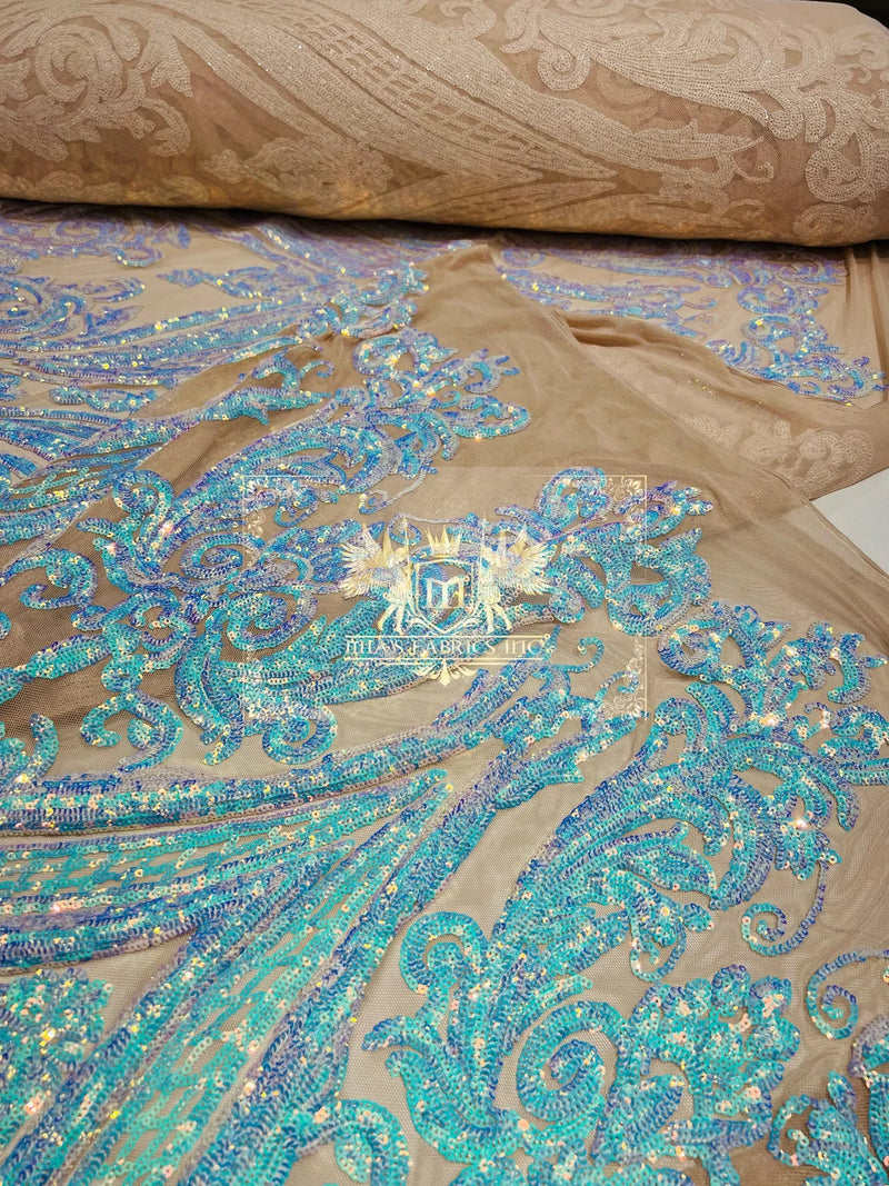 Damask Sequins - Aqua/Blue on Blush Mesh