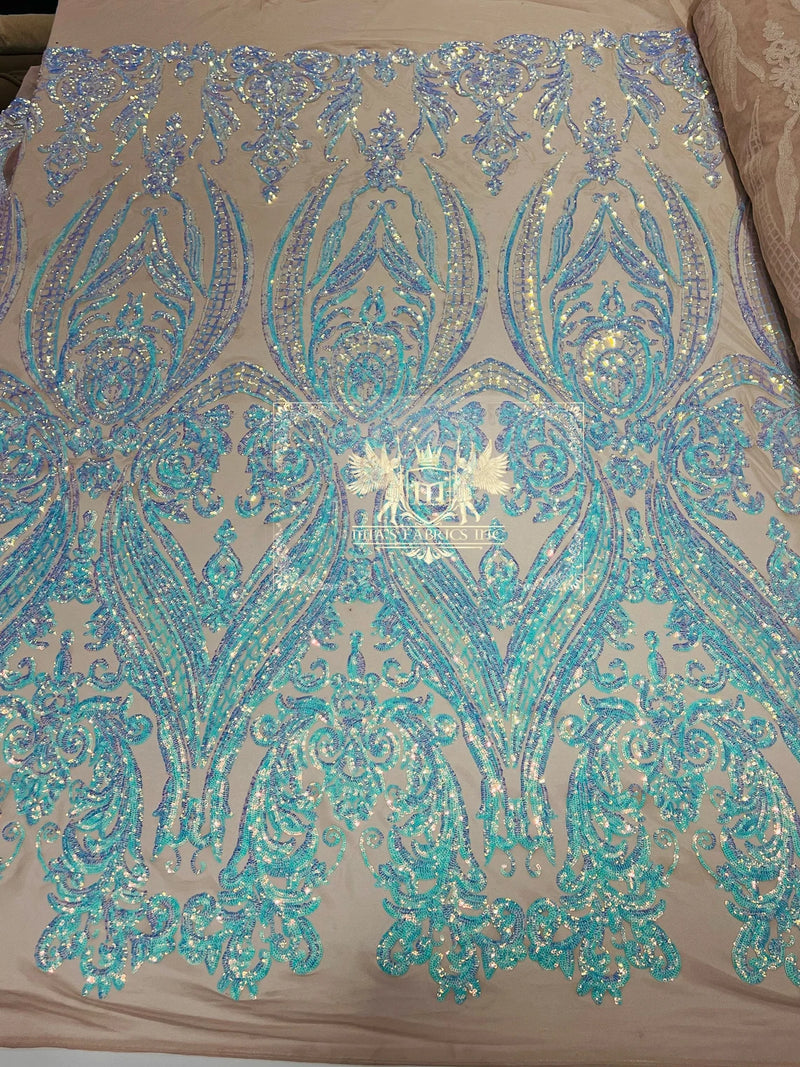 Damask Sequins - Aqua/Blue on Blush Mesh