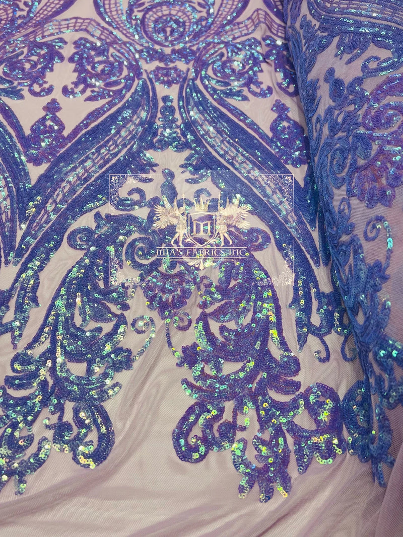 Damask Sequins - Iridescent Lavender - Damask Sequin Design on 4 Way Stretch Fabric By Yard