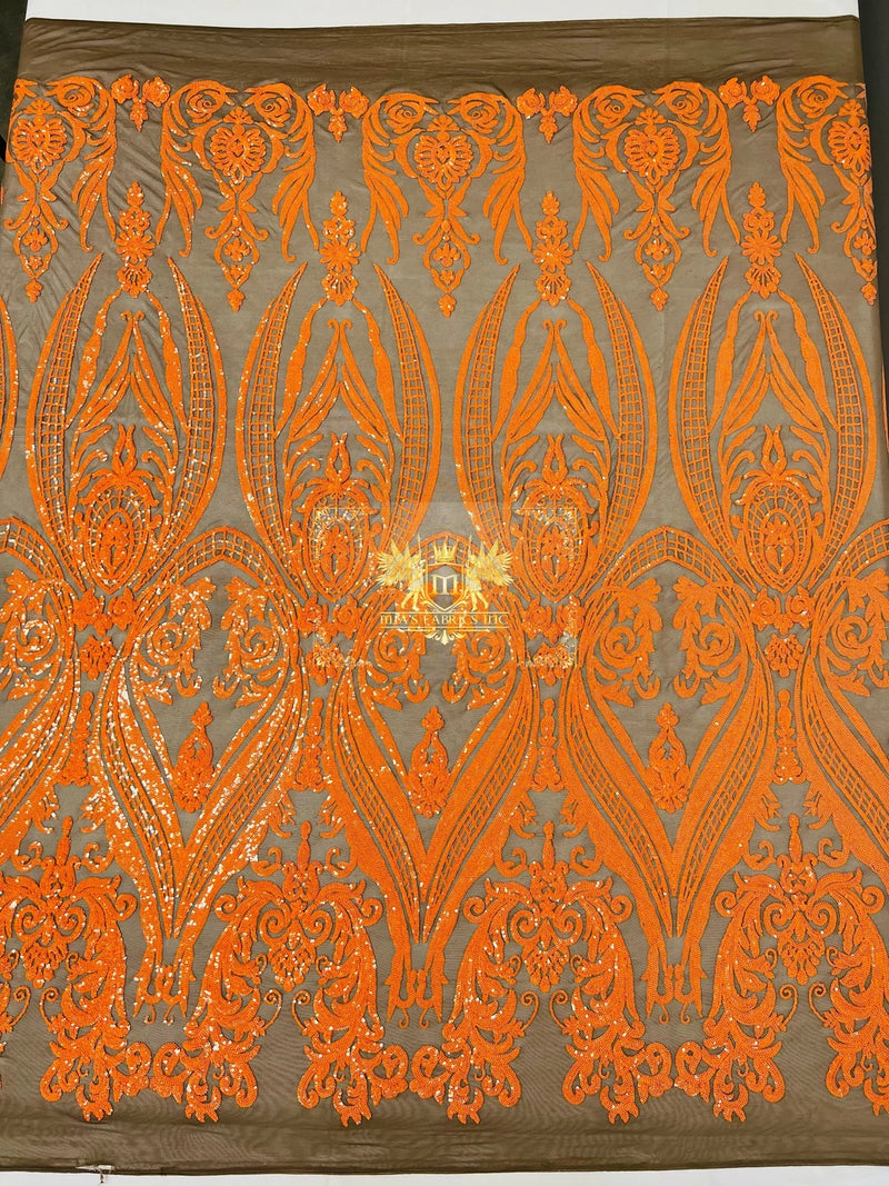 Damask Sequins - Orange on Coffee - Damask Sequin Design on 4 Way Stretch Fabric By Yard