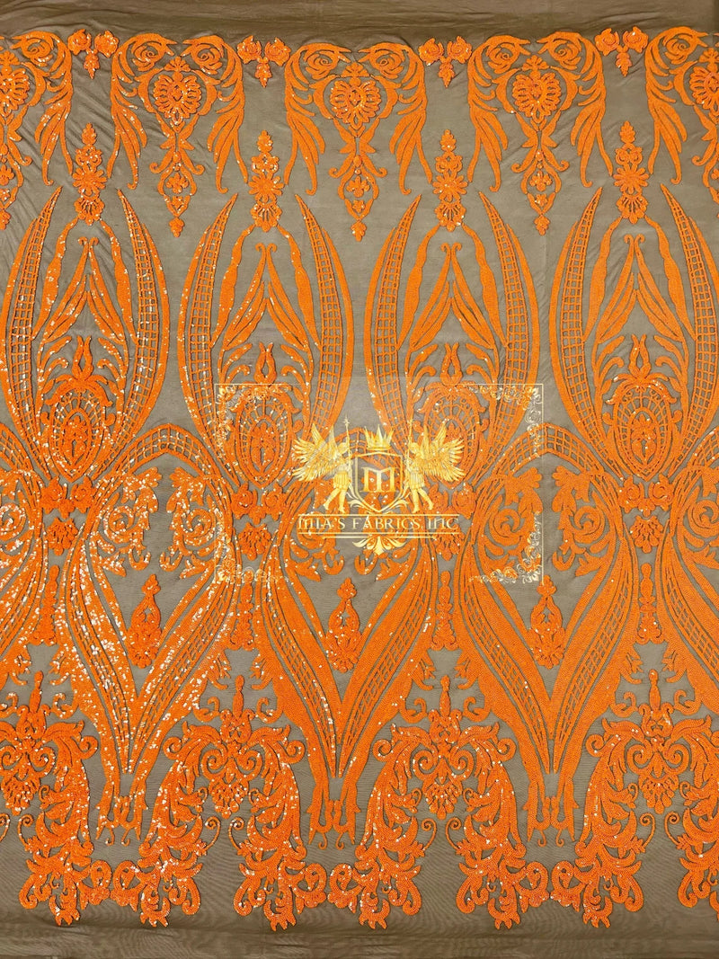 Damask Sequins - Orange on Coffee - Damask Sequin Design on 4 Way Stretch Fabric By Yard