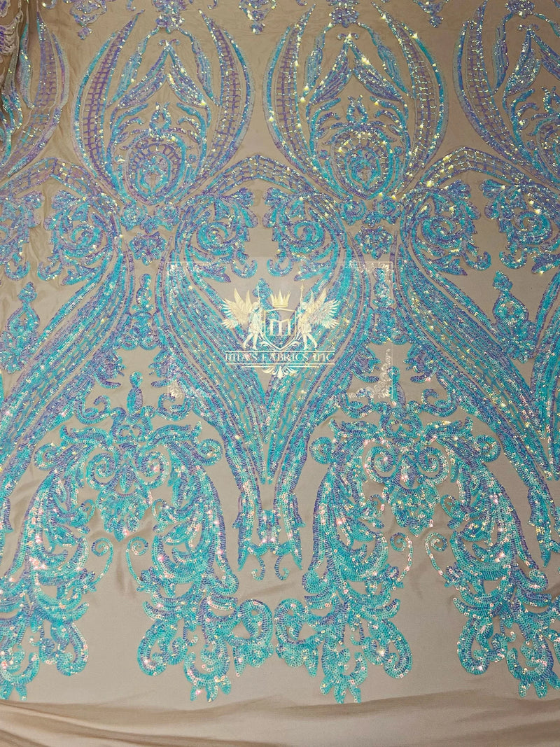 Damask Sequins - Aqua/Blue on Blush Mesh