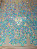 Damask Sequins - Aqua/Blue on Blush Mesh