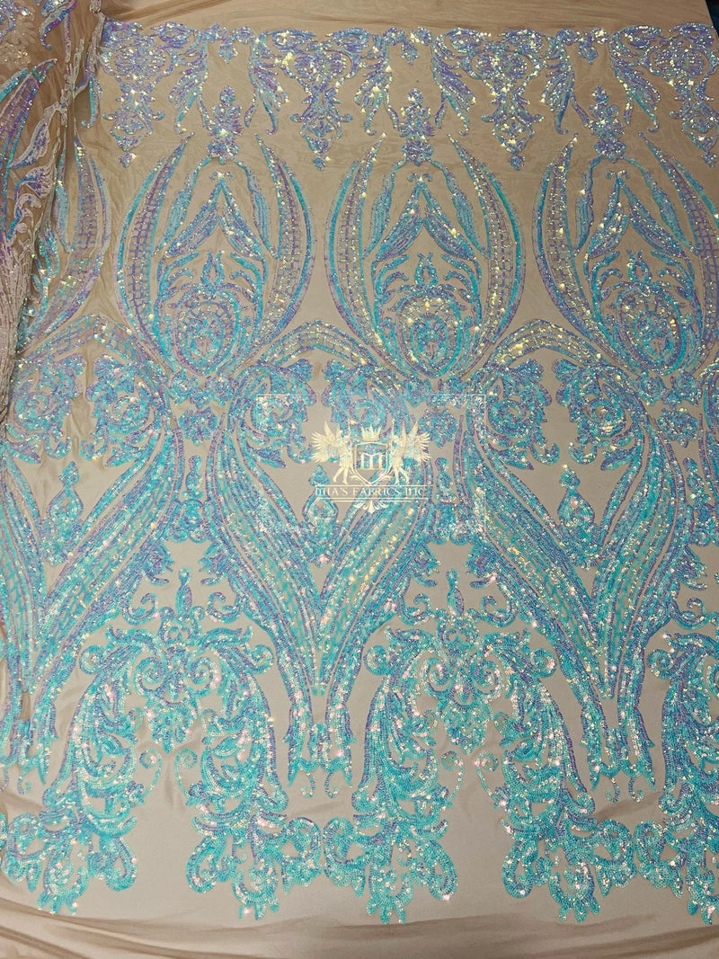 Damask Sequins - Aqua/Blue on Blush Mesh