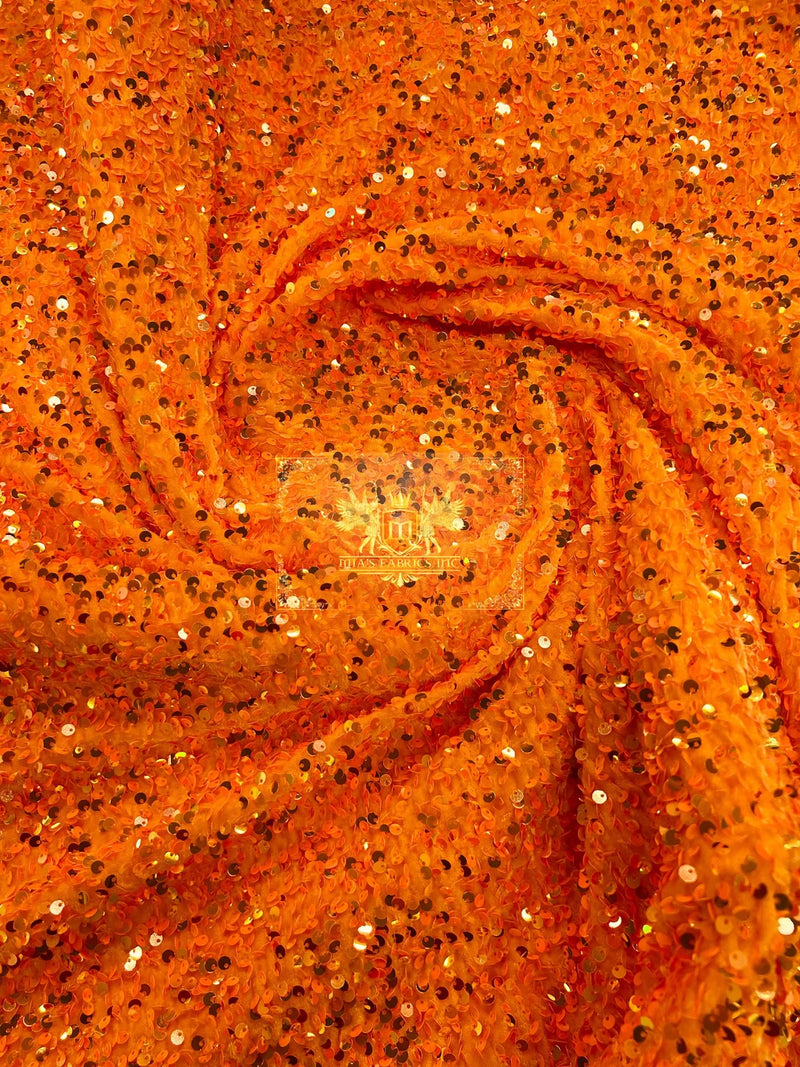 Orange Iridescent Sequins Fabric Stretch Velvet - By The Yard - All Over Full 5mm Sequins 58”/60