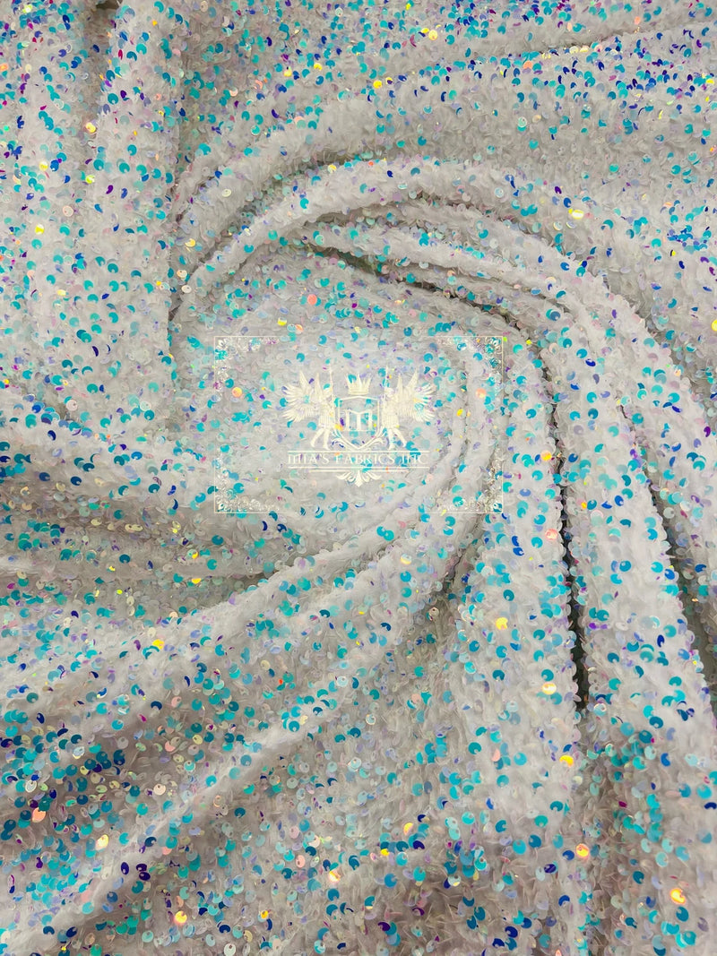 White/Blue Iridescent Sequins Fabric on White Stretch Velvet - By The Yard - All Over Full 5mm Sequins 58”/60