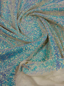 Mini Glitz Sequins - Iridescent Blue on White - Mini Sequins on 4 Way Stretch Mesh Fabric