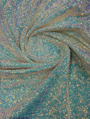 Mini Glitz Sequins - Iridescent Blue on White - Mini Sequins on 4 Way Stretch Mesh Fabric