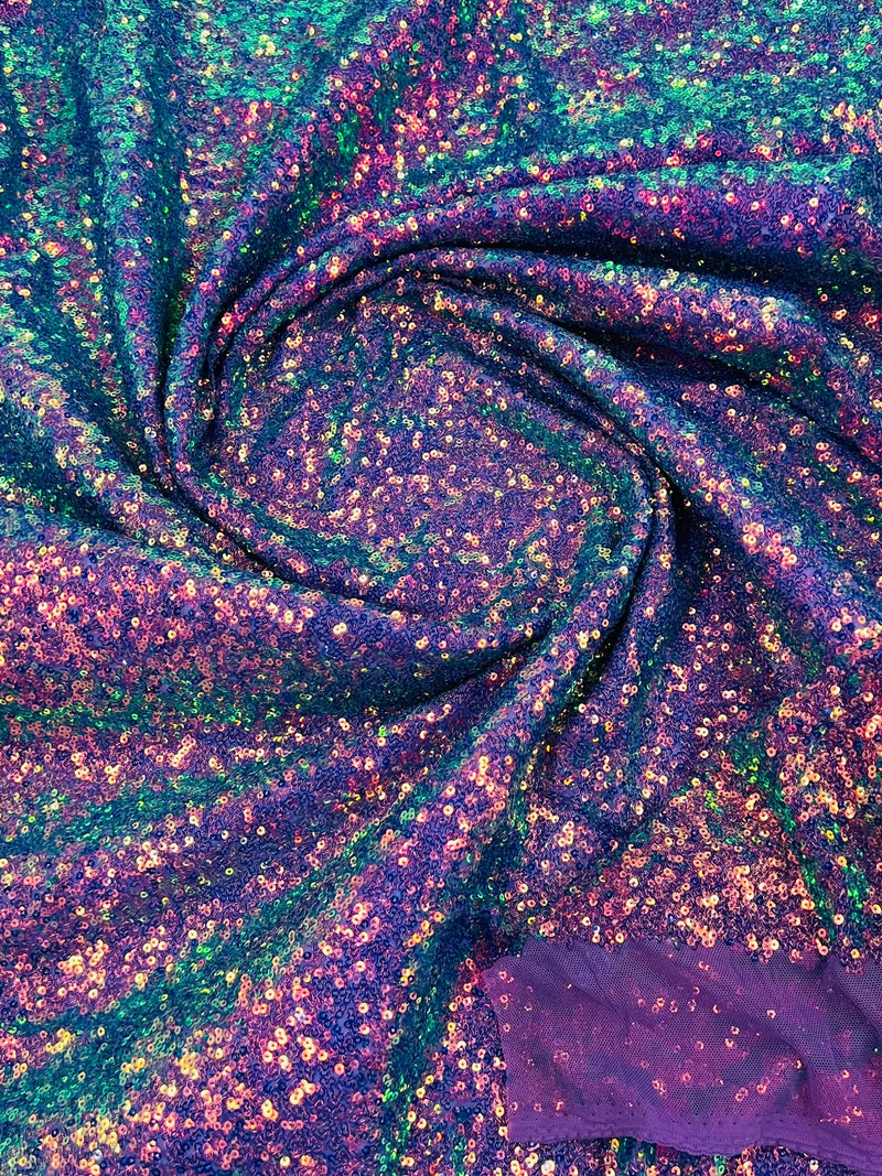 Mini Glitz Sequins - Iridescent Purple/Green on Purple Mesh - Mini Sequins on 4 Way Stretch Mesh Fabric