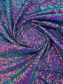 Mini Glitz Sequins - Iridescent Purple/Green on Purple Mesh - Mini Sequins on 4 Way Stretch Mesh Fabric