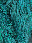 Metallic Fringe Eyelash / Feather - Hunter Green - Embroidered Fabric with Hanging Details 2 Way Stretch By Yard