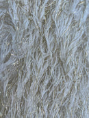 Metallic Fringe Eyelash / Feather - Ivory/Gold - Embroidered Fabric with Hanging Details 2 Way Stretch By Yard