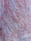 Metallic Fringe Eyelash / Feather - Pink / Silver - Embroidered Fabric with Hanging Details 2 Way Stretch By Yard