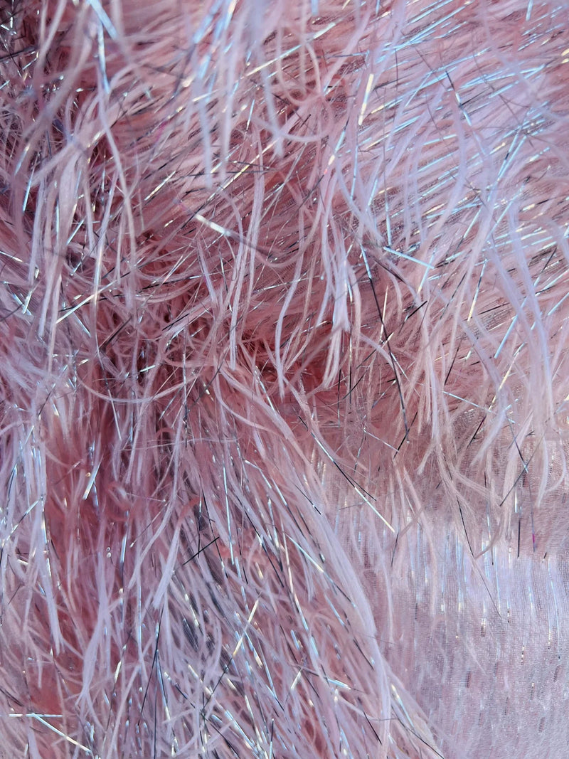Metallic Fringe Eyelash / Feather - Pink / Silver - Embroidered Fabric with Hanging Details 2 Way Stretch By Yard