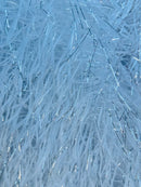 Metallic Fringe Eyelash / Feather - White - Embroidered Fabric with Hanging Details 2 Way Stretch By Yard