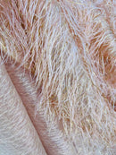 Metallic Fringe Eyelash / Feather - Peach - Embroidered Fabric with Hanging Details 2 Way Stretch By Yard