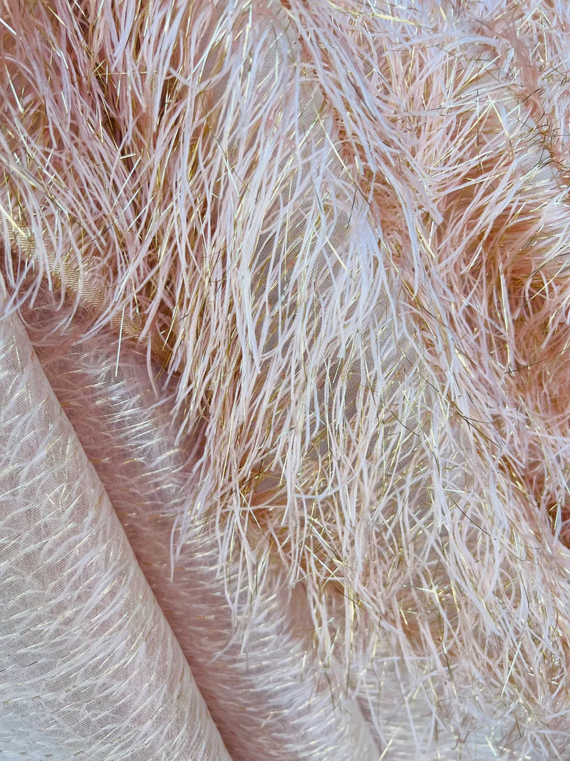 Metallic Fringe Eyelash / Feather - Peach - Embroidered Fabric with Hanging Details 2 Way Stretch By Yard