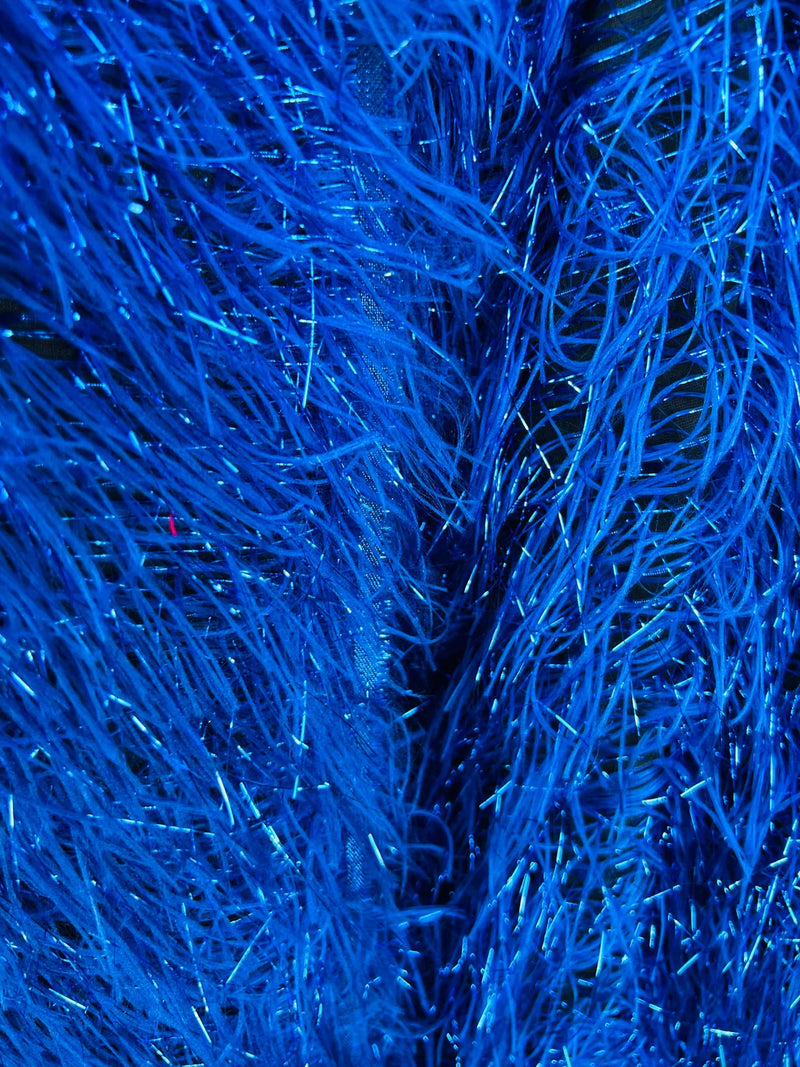 Metallic Fringe Eyelash / Feather - Royal Blue - Embroidered Fabric with Hanging Details 2 Way Stretch By Yard