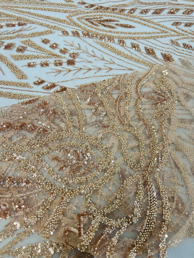 Wedding Beaded Fabric - Rose Gold - Embroidered Fancy Fashion Pattern Fabric Sold By Yard