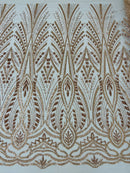 Wedding Beaded Fabric - Rose Gold - Embroidered Fancy Fashion Pattern Fabric Sold By Yard