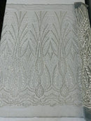 Wedding Beaded Fabric - Silver - Embroidered Fancy Fashion Pattern Fabric Sold By Yard