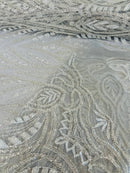 Wedding Beaded Fabric - Silver - Embroidered Fancy Fashion Pattern Fabric Sold By Yard