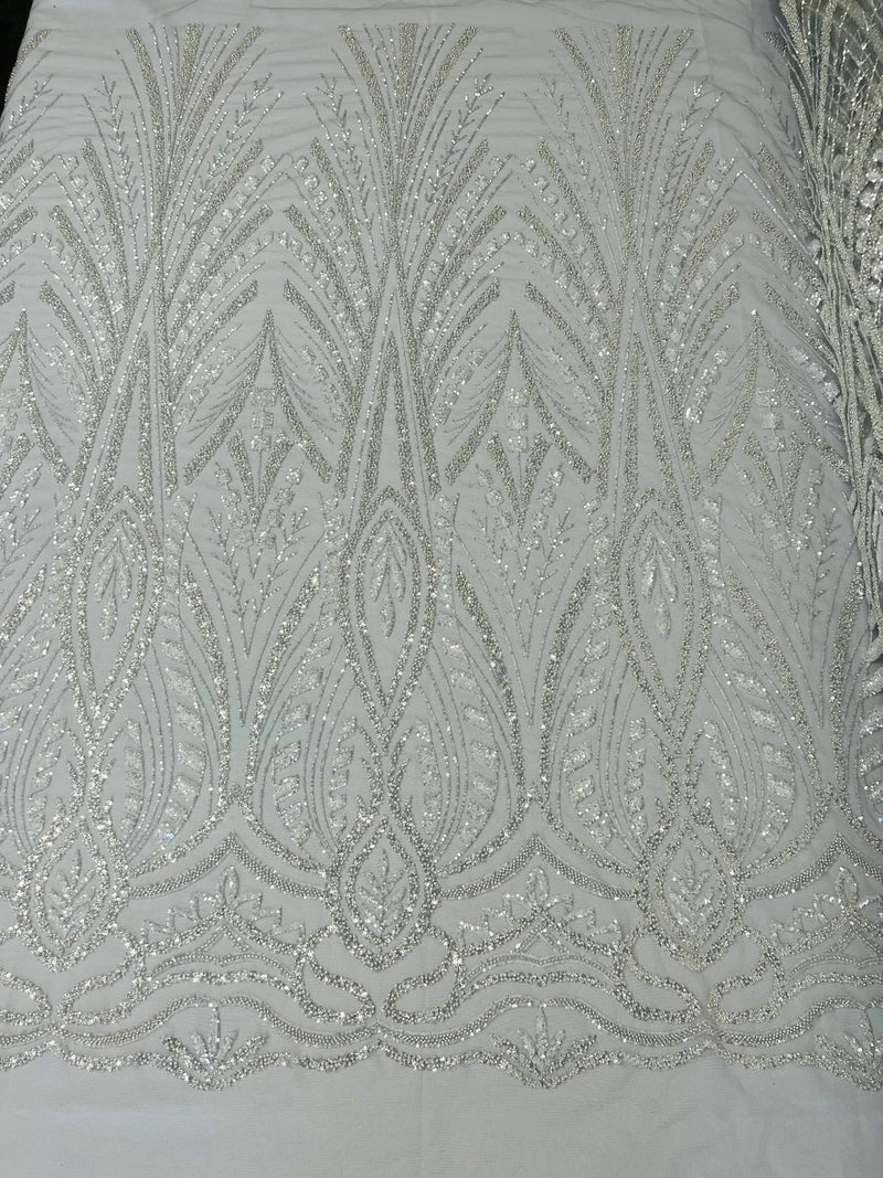 Wedding Beaded Fabric - Silver - Embroidered Fancy Fashion Pattern Fabric Sold By Yard