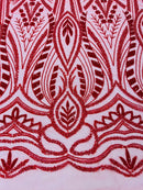 Wedding Beaded Fabric - Red - Embroidered Fancy Fashion Pattern Fabric Sold By Yard