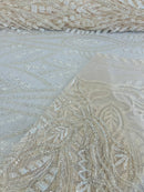 Wedding Beaded Fabric - Clear - Embroidered Fancy Fashion Pattern Fabric Sold By Yard