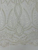 Wedding Beaded Fabric - Clear - Embroidered Fancy Fashion Pattern Fabric Sold By Yard