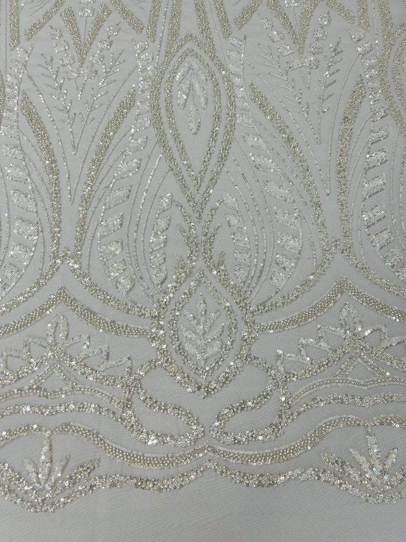 Wedding Beaded Fabric - Clear - Embroidered Fancy Fashion Pattern Fabric Sold By Yard