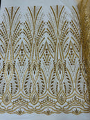 Wedding Beaded Fabric - Gold - Embroidered Fancy Fashion Pattern Fabric Sold By Yard