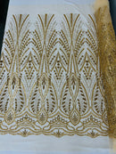 Wedding Beaded Fabric - Gold - Embroidered Fancy Fashion Pattern Fabric Sold By Yard