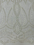 Wedding Beaded Fabric - Ivory - Embroidered Fancy Fashion Pattern Fabric Sold By Yard
