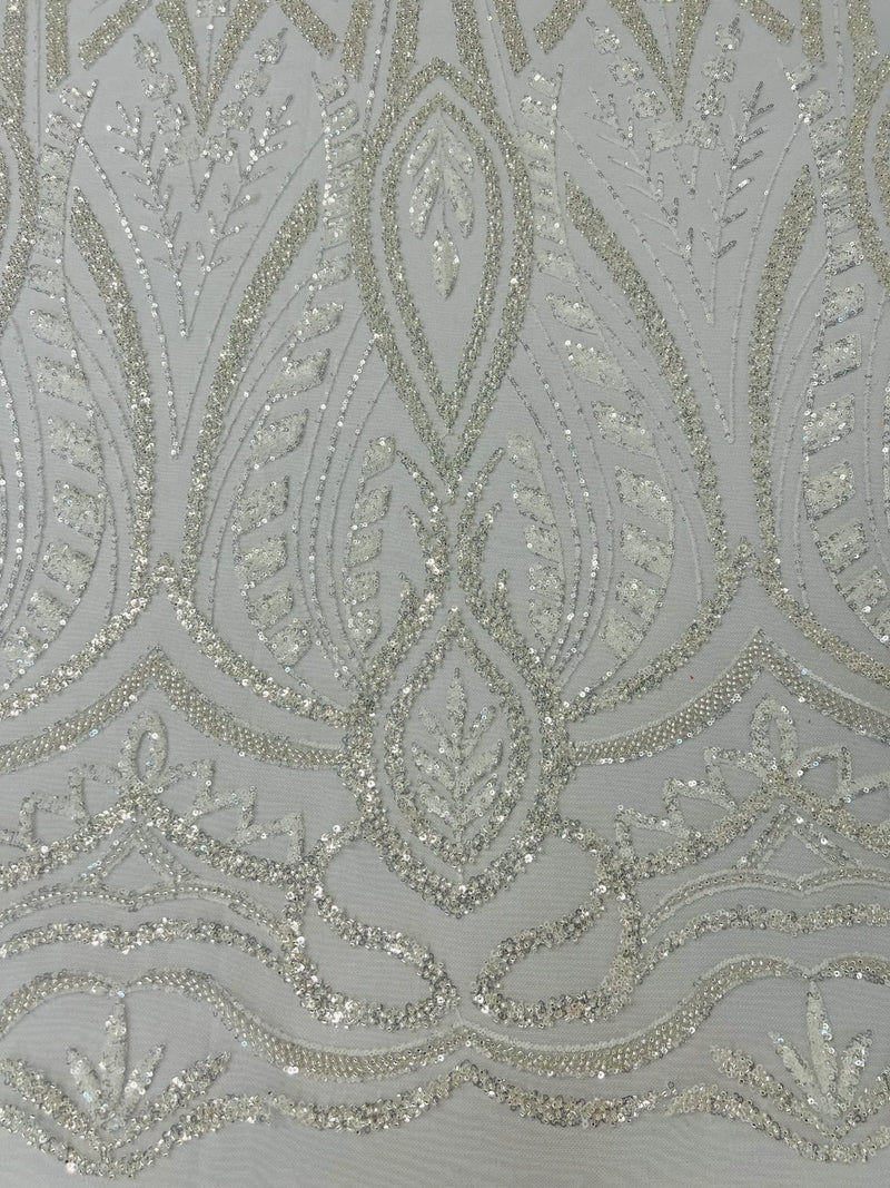 Wedding Beaded Fabric - Ivory - Embroidered Fancy Fashion Pattern Fabric Sold By Yard