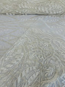 Wedding Beaded Fabric - Ivory - Embroidered Fancy Fashion Pattern Fabric Sold By Yard