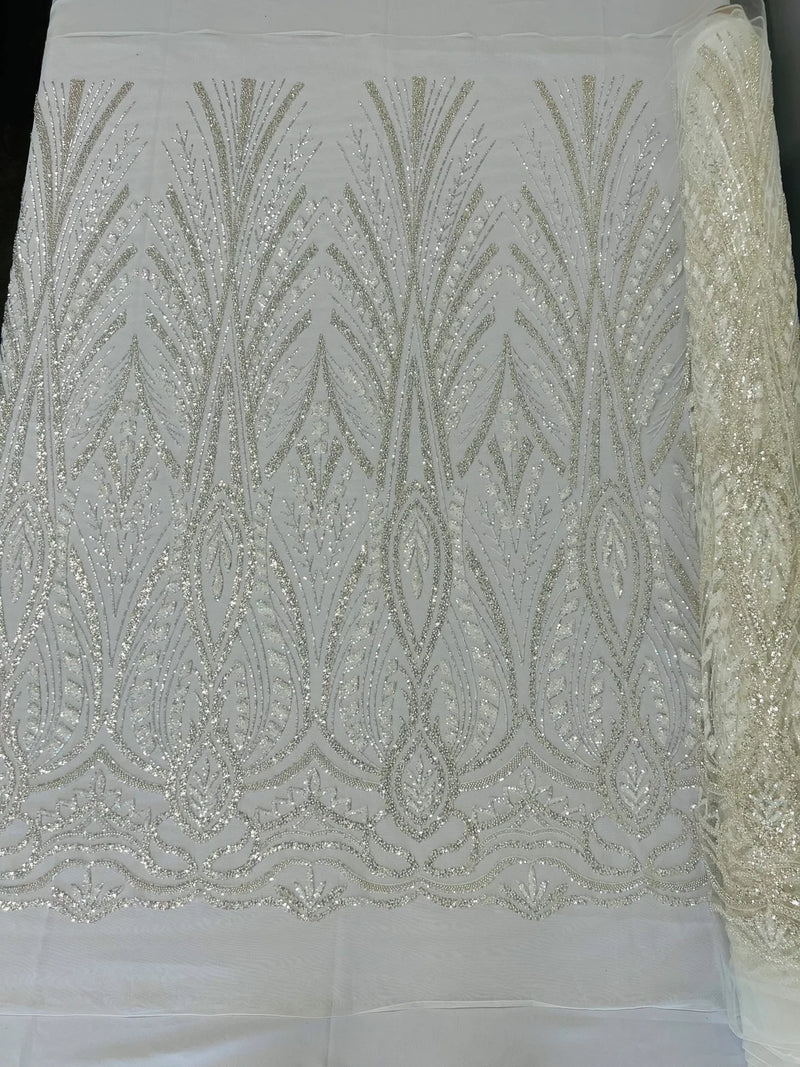 Wedding Beaded Fabric - Ivory - Embroidered Fancy Fashion Pattern Fabric Sold By Yard