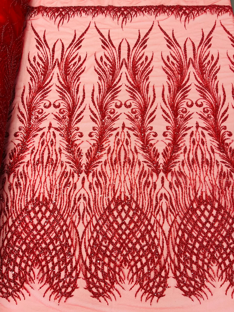 Beaded Embroidered Fabric - Red - Embroidered Heart and Feather Pattern Fabric Sold By Yard