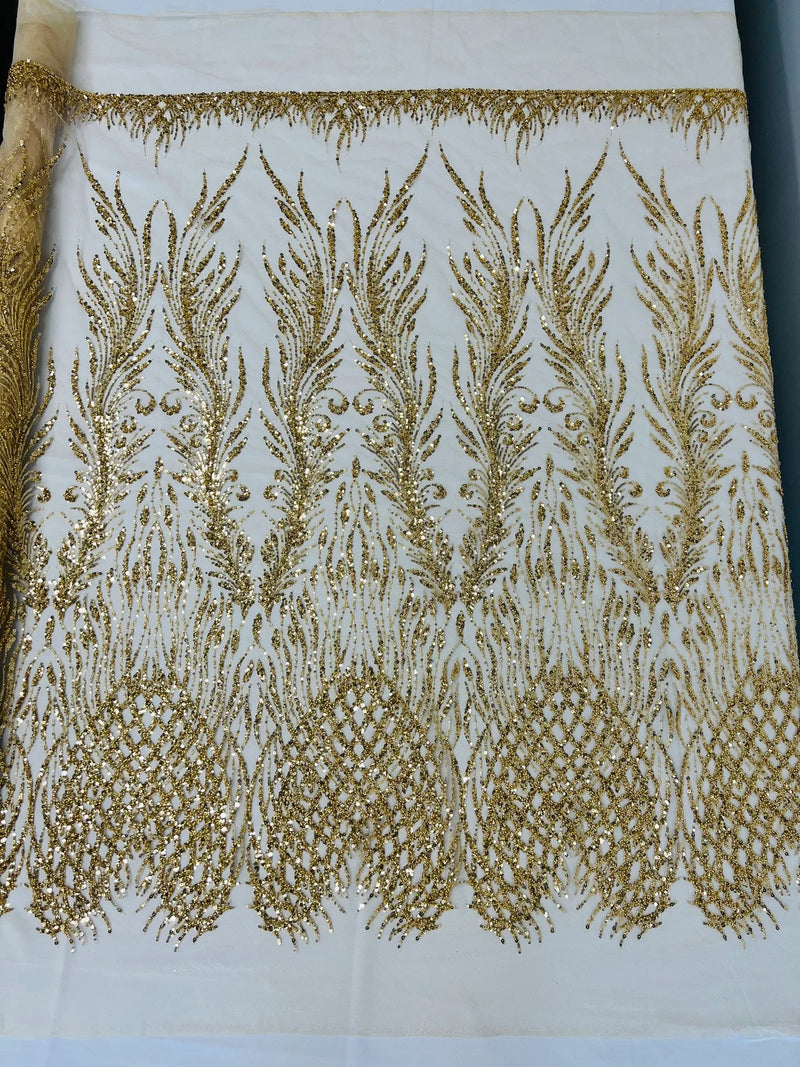 Beaded Embroidered Fabric - Gold - Embroidered Heart and Feather Pattern Fabric Sold By Yard