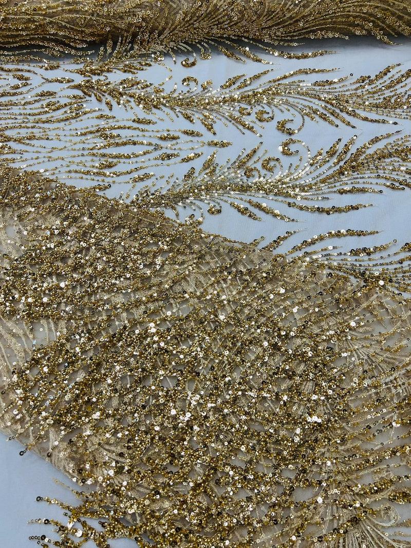 Beaded Embroidered Fabric - Gold - Embroidered Heart and Feather Pattern Fabric Sold By Yard