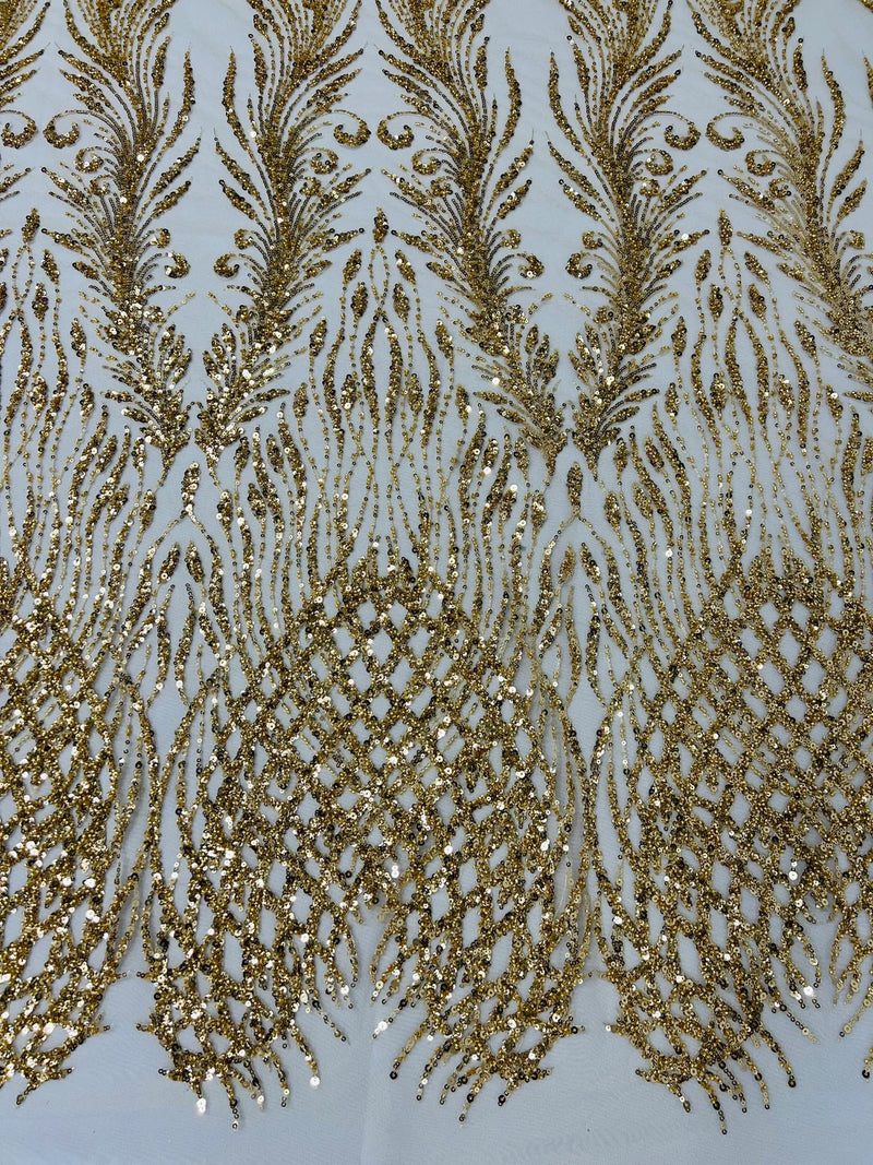 Beaded Embroidered Fabric - Gold - Embroidered Heart and Feather Pattern Fabric Sold By Yard