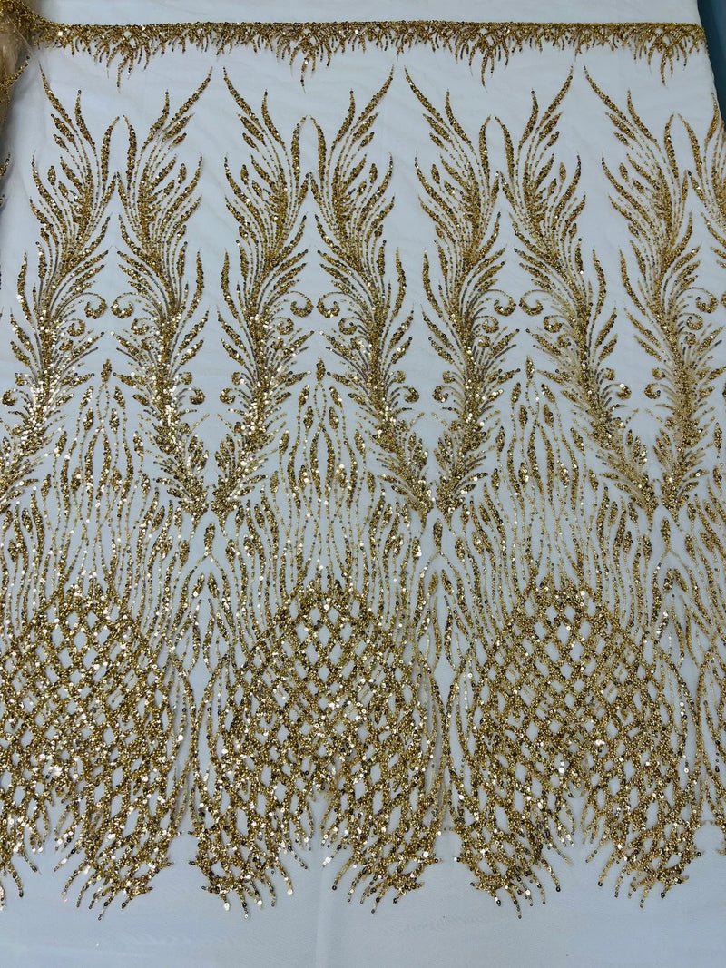 Beaded Embroidered Fabric - Gold - Embroidered Heart and Feather Pattern Fabric Sold By Yard