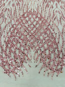 Beaded Embroidered Fabric - Pink - Embroidered Heart and Feather Pattern Fabric Sold By Yard