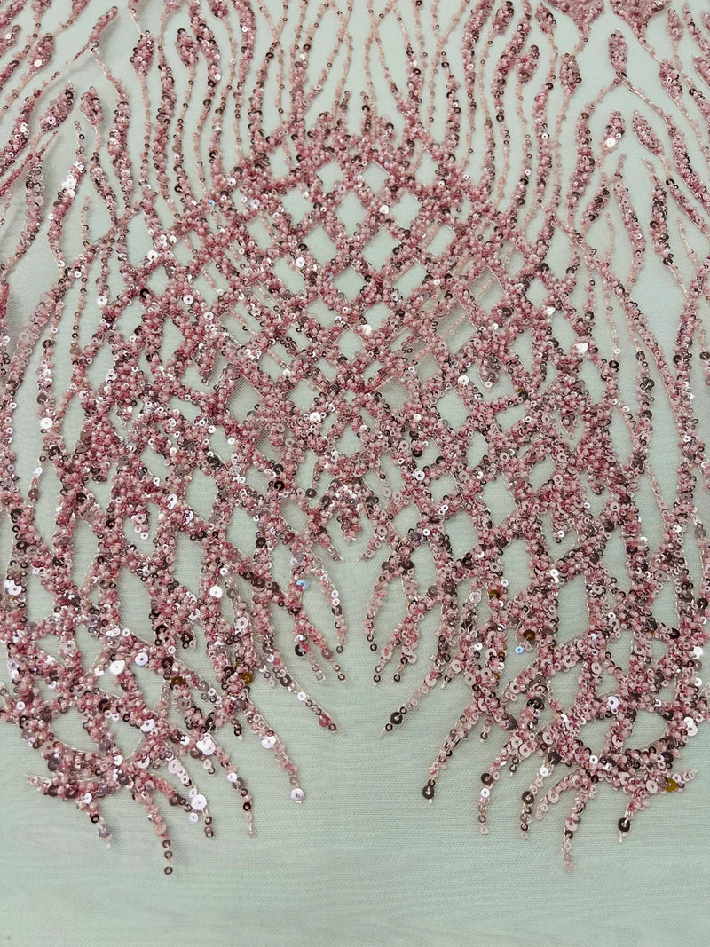 Beaded Embroidered Fabric - Pink - Embroidered Heart and Feather Pattern Fabric Sold By Yard